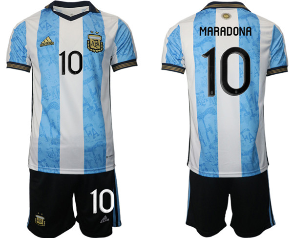 Men's Argentina #10 Diego Maradona White/Blue Home Soccer Jersey Suit
